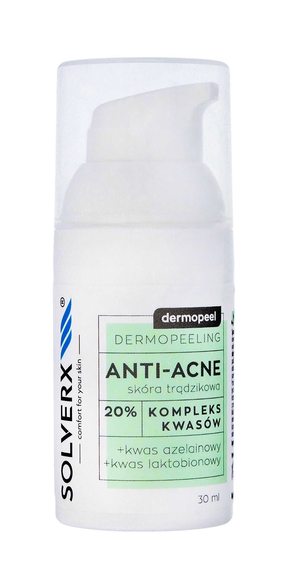 SOLVERX Dermopeel Dermopeeling Anti-Acne - Acid Complex 20% (azelaic, lactobionic) 30ml | Vaistine1.lt | WestPharmacy.eu
