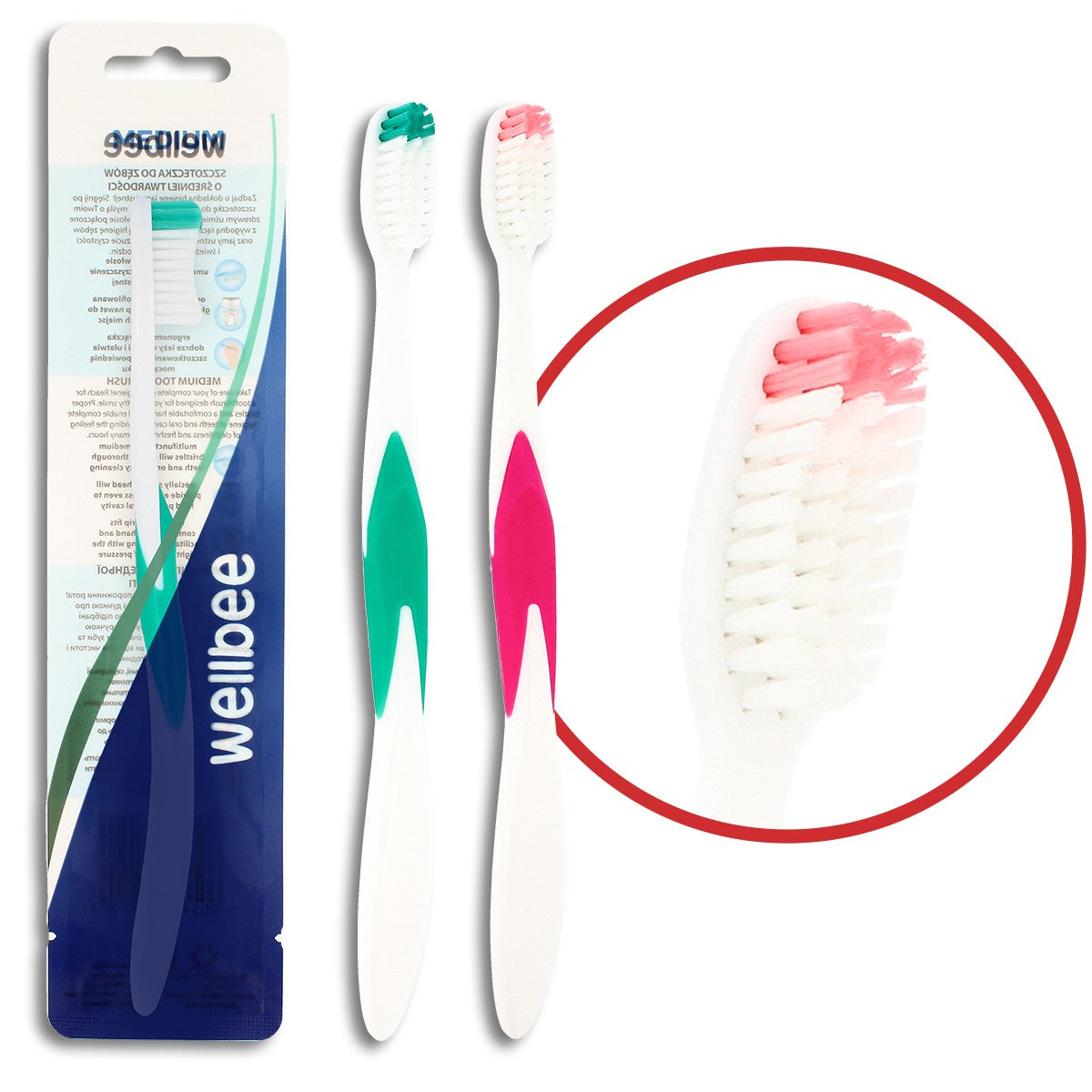 WELLBEE Adult toothbrush with medium hardness (foil 7) - mix of colors 1 piece | Vaistine1.lt | WestPharmacy.eu