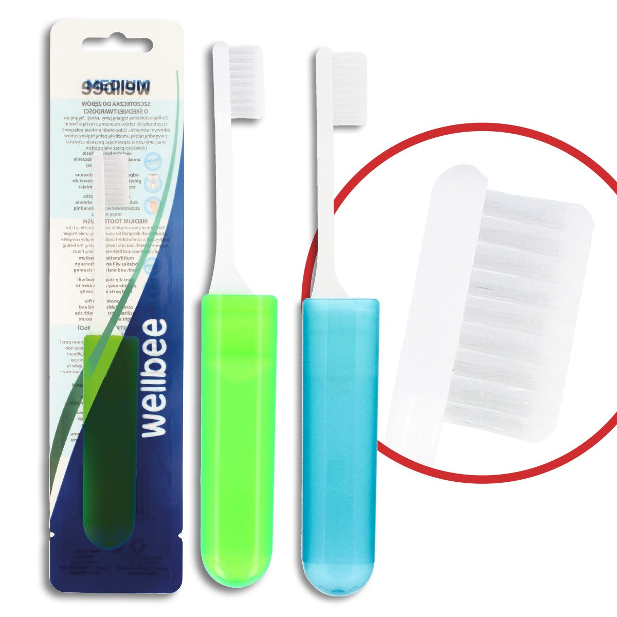WELLBEE Adult toothbrush with medium hardness Travel (foil) - mix of colors 1pc | Vaistine1.lt | WestPharmacy.eu