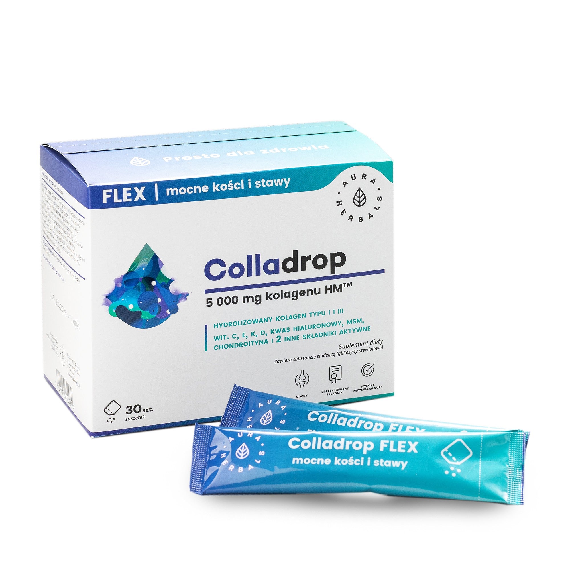 AURA HERBALS Colladrop Flex Hydrolyzed Marine Collagen 5000 mg Type I and III - strong bones and joints (30 sachets) - Vaistine1.lt | WestPharmacy.eu