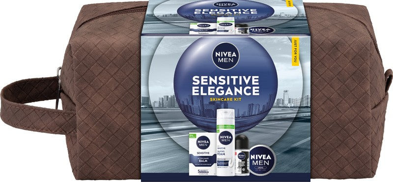 NIVEA Men's Sensitive Elegance Gift Set (50 ml roll-on antiperspirant + 75 ml universal cream + 200 ml shaving foam + 100 ml aftershave balm + cosmetic bag) | Vaistine1.lt | WestPharmacy.eu