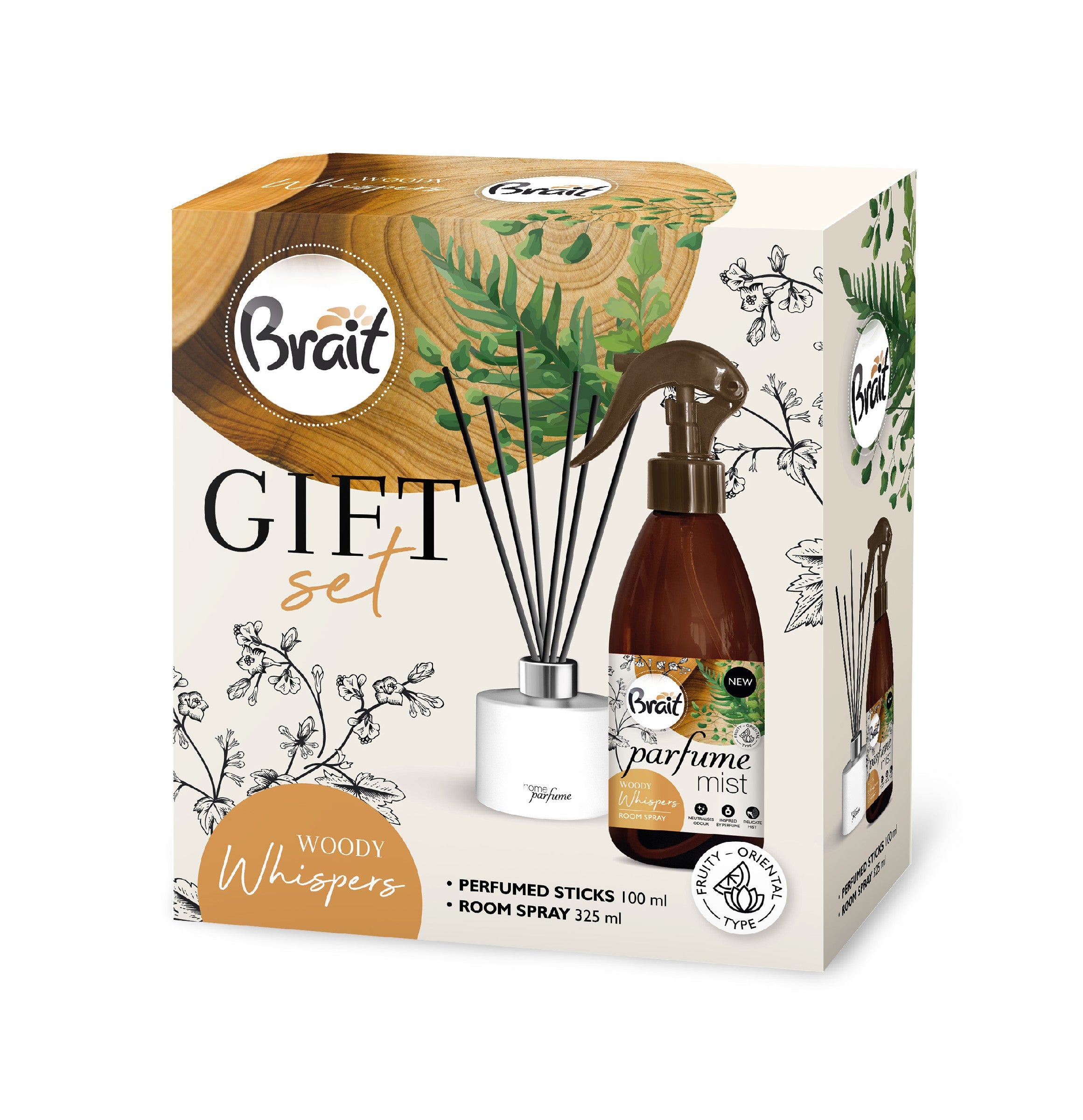 BRAIT Woody Whispers Gift Set (scented sticks 100ml + perfumed room mist 325ml) | Vaistine1.lt | WestPharmacy.eu
