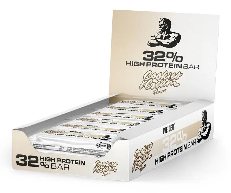 32% High Protein Bar Cookies & Cream - 12 x 60g - Weider - Maistas
