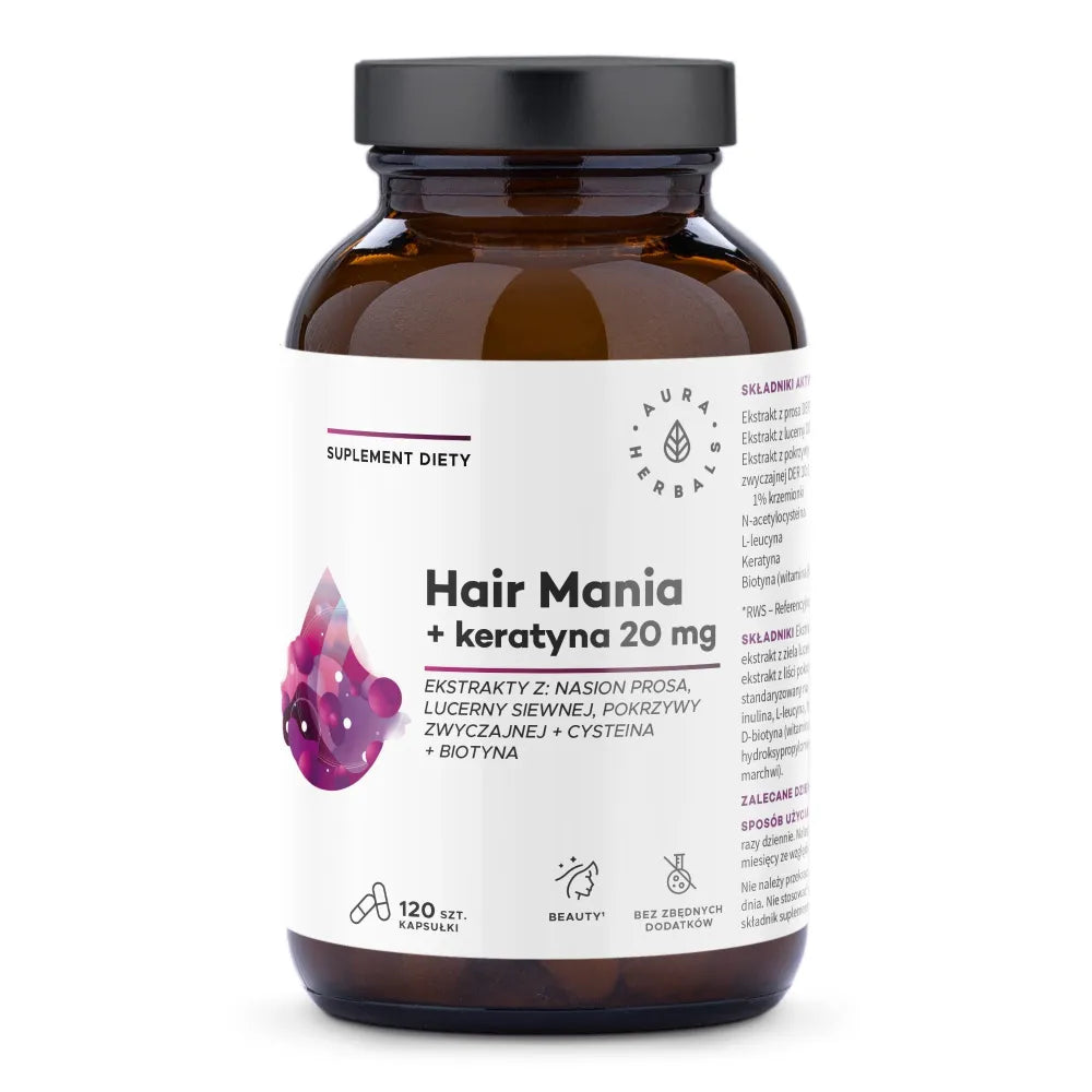 Ashwagandha + Keratin 20 mg Dietary supplement Capsules 120 pcs. - AURA HERBALS - Papildai