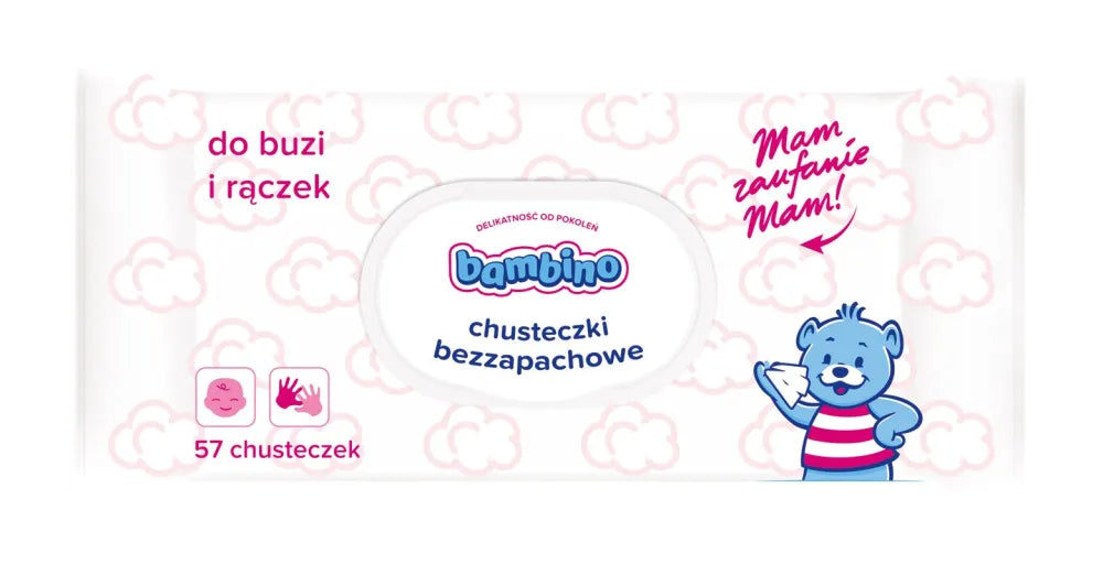 BAMBINO unscented wipes with closure for mouth and hands 1op.-57pcs - Vaikui ir mamai