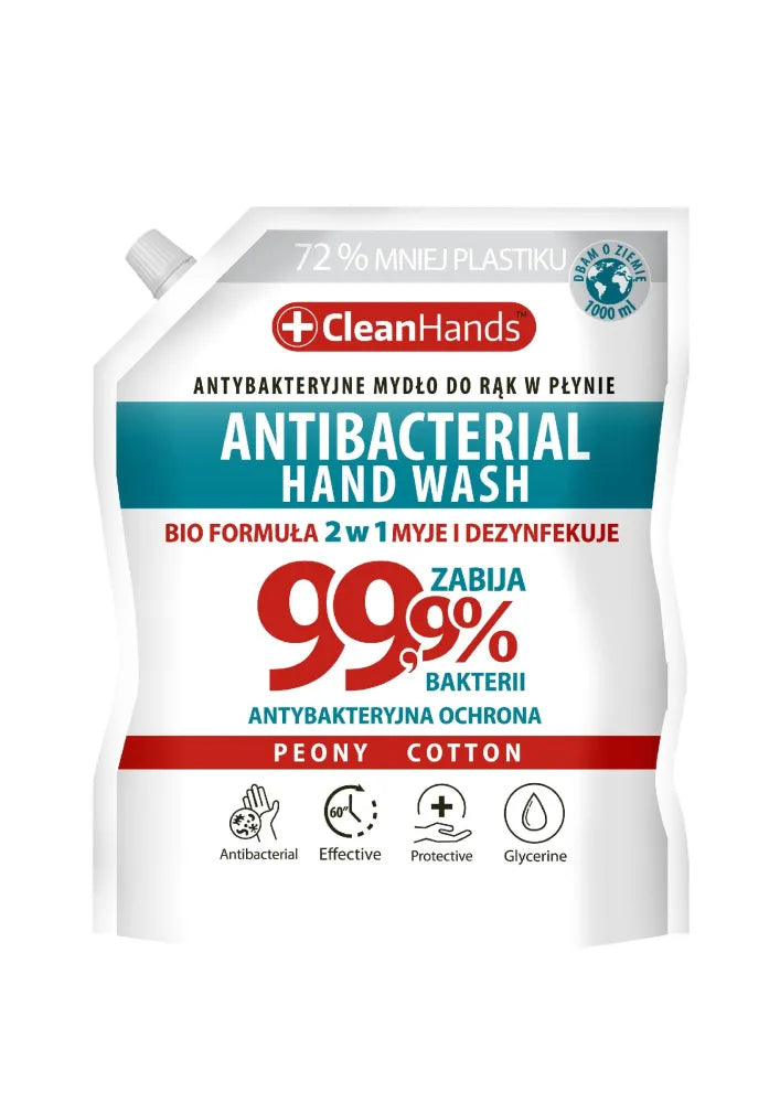 CLEAN HANDS Antibacterial soap BIO 99.9% Pionas ir medvilnė 1000 ml - Kosmetika