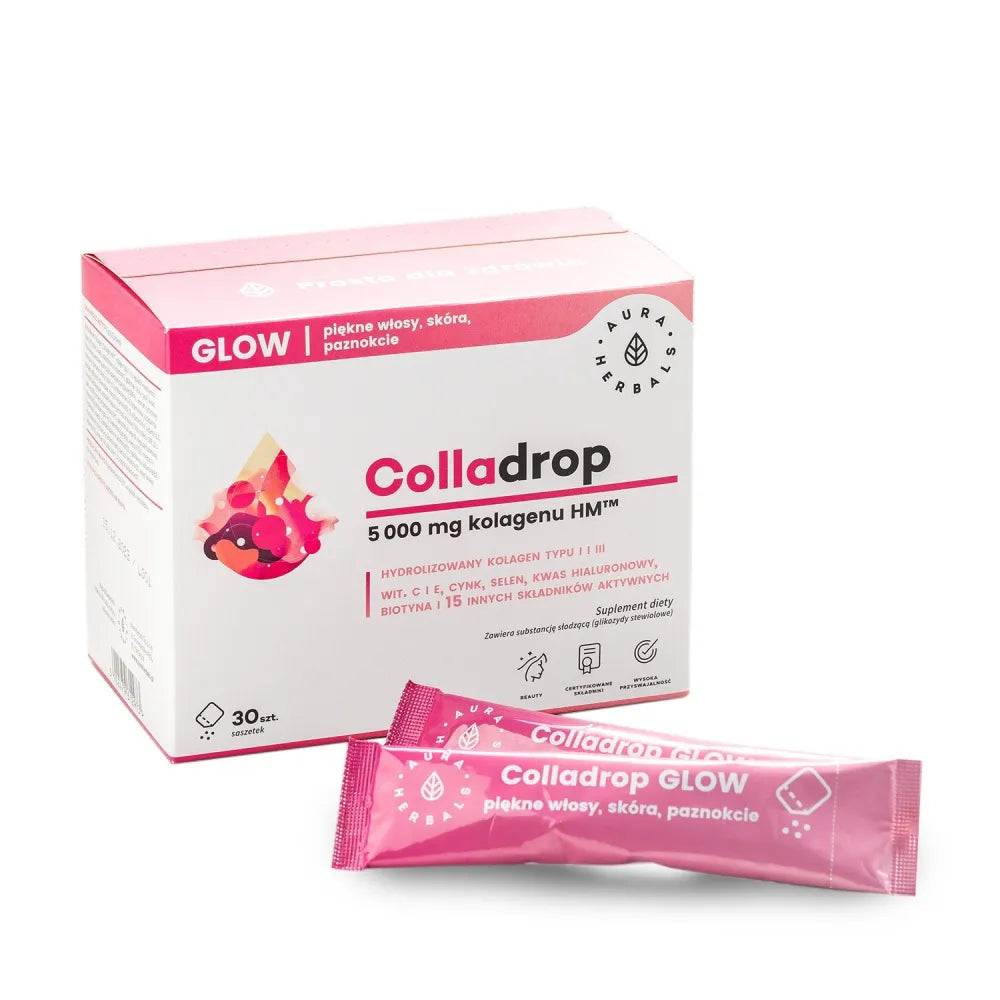 Colladrop Glow Hydrolyzed marine collagen 5000 mg type I and III - beautiful hair,skin nails (30 sachets) - AURA