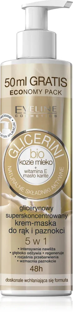 EVELINE Bio Goat’s Milk Glycerin super koncentruota kremas - kaukė rankoms ir nagams 5 in 1 245 ml - Kosmetika
