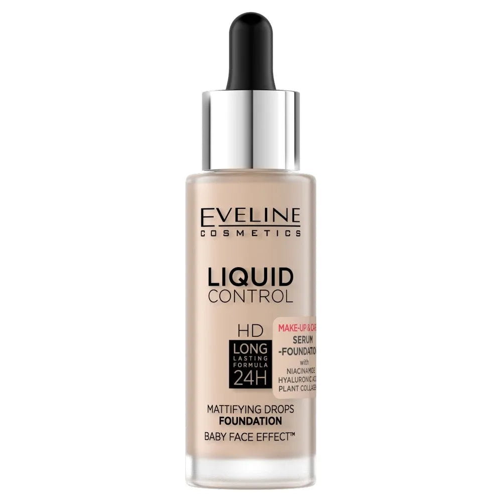 EVELINE Liquid Control HD Matinis Veido Fondas su Niacinamidu 010 Šviesiai Bežinis 32 ml - Kosmetika