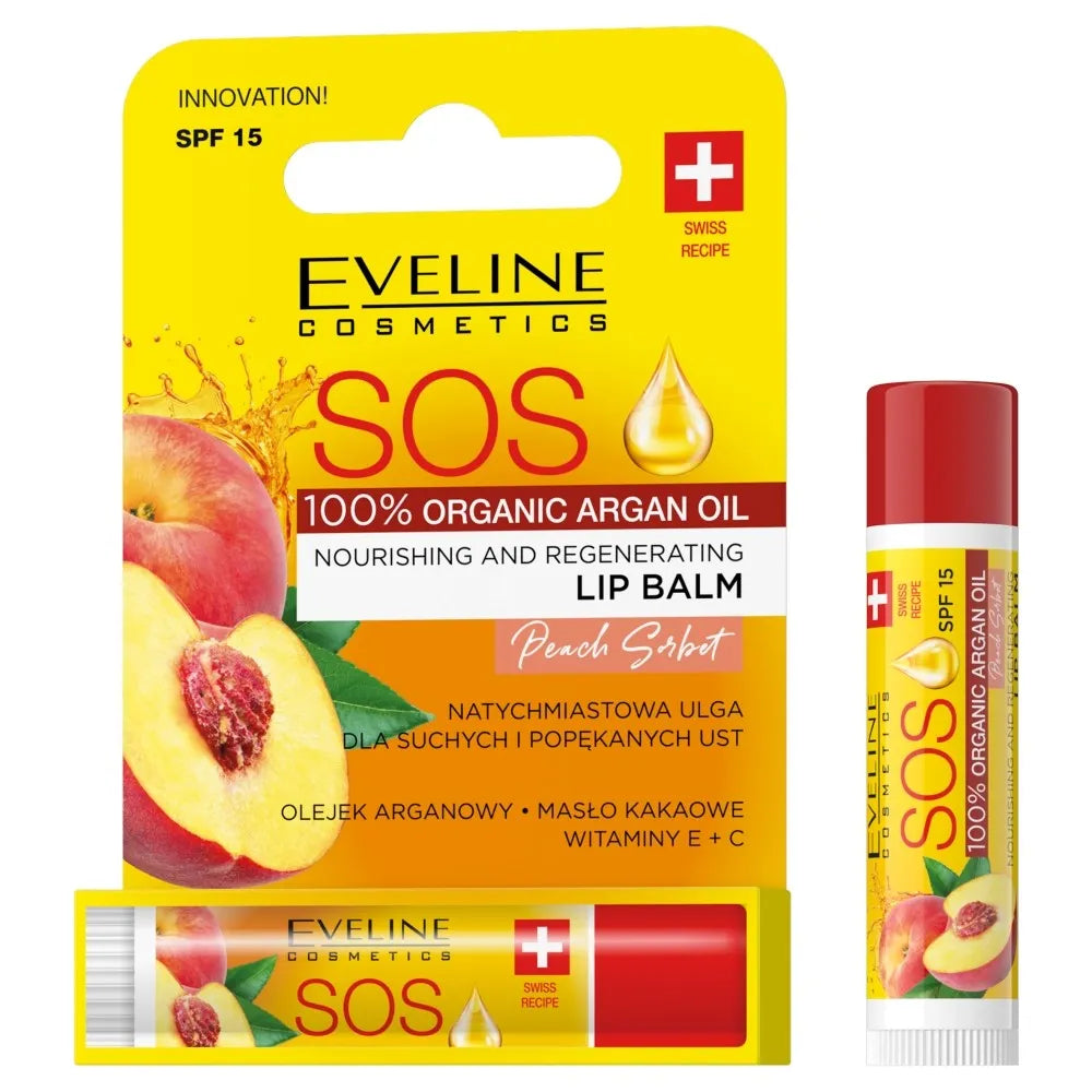 EVELINE SOS Lūpų balzamas 100% organinis argano aliejus maitinantis-atkuriantis persikų sorbetas 1 vnt - Kosmetika