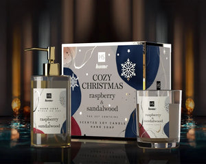 HISKIN Home Fragrance rinkinys - Sojų žvakė + Aviečių ir Sandalmedžio kūno muilas - Kosmetika