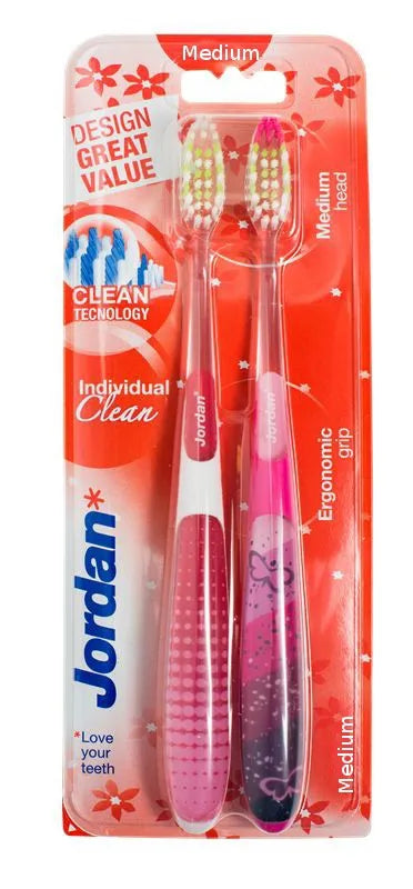Jordan Toothbrush DUO Individual Clean Medium - vidutinio kietumo dantų šepetėlis - spalvų mišinys 1 pakuotė-2 vnt.