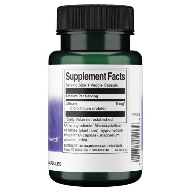 Lithium Orotate - Nervų sistemai - 5 mg - N60 - Ličio orotatas - Swanson - Papildai