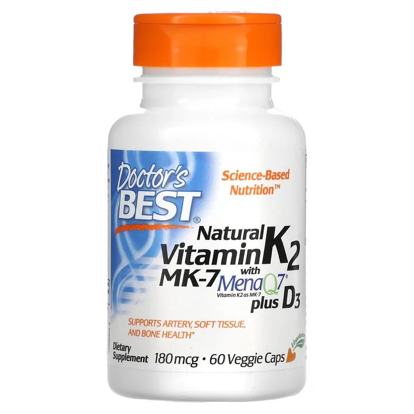 Natural Vitamin K2 MK7 with MenaQ7 plus D3 180mcg - 60 vcaps - Doctor’s Best - Papildai