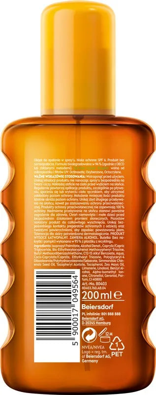 NIVEA SUN Intense Bronze Carotene spray sunscreen oil SPF6 200 ml - Kosmetika