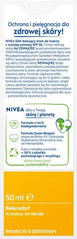 NIVEA SUN Shine Control Mattifying Face Color Cream Light Tinted SPF50 50 ml. - Kosmetika