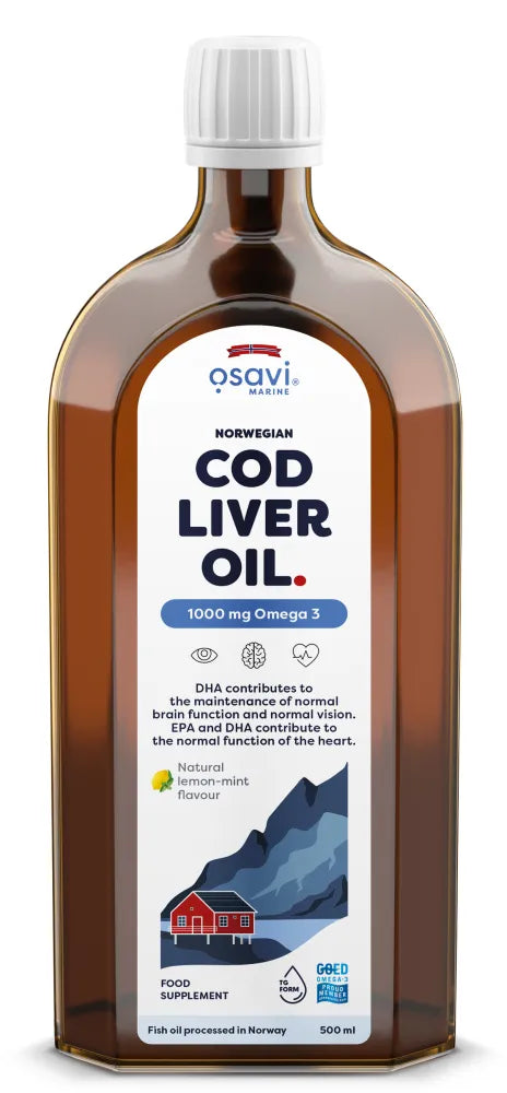 Norwegian Cod Liver Oil 1000mg Omega 3 (Lemon-Mint) - 500 ml - Osavi - Papildai