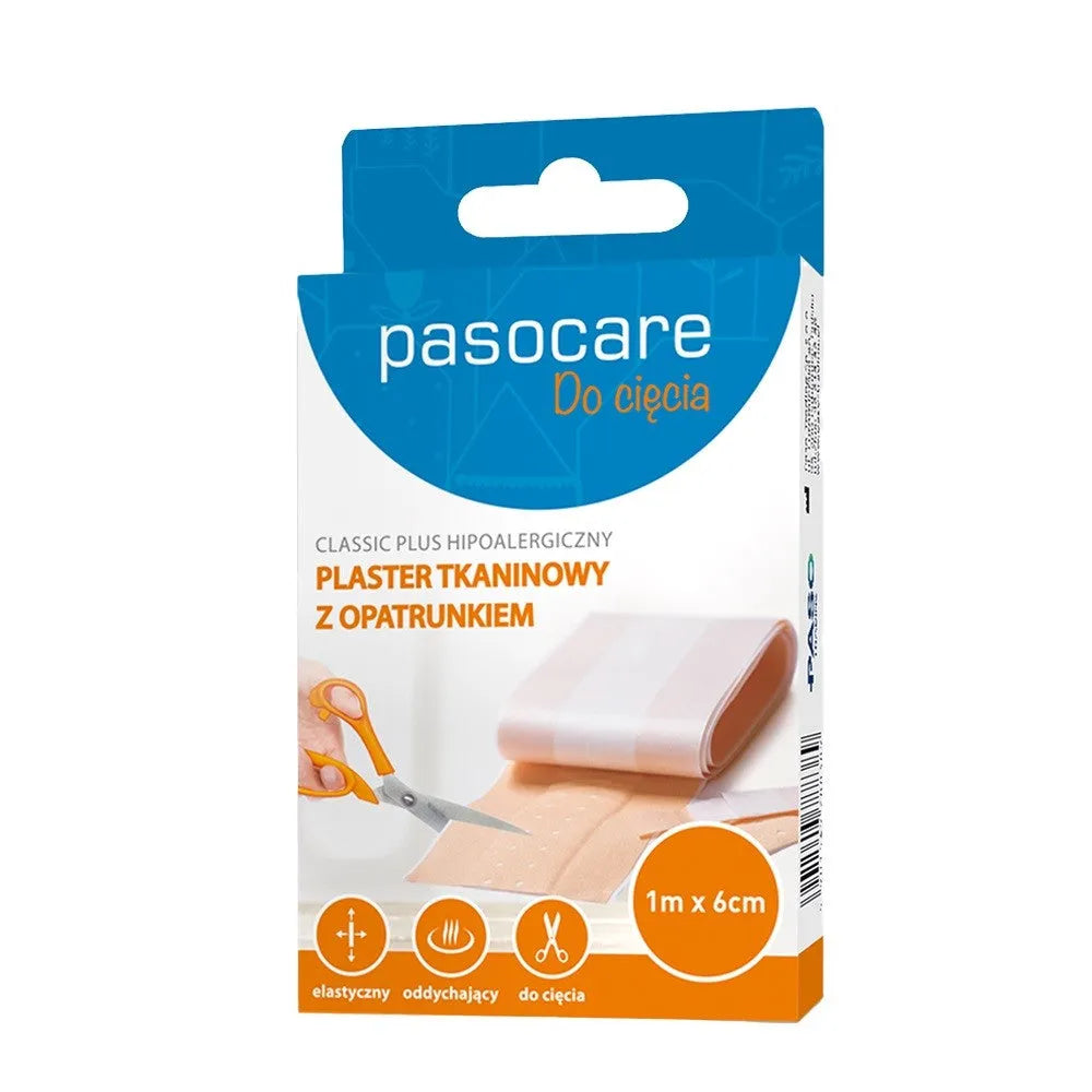PASOCARE Classic Plus Hipoalerginis audinio pleistras su tvarsčiu - pjovimas 1m x 6cm - Medicinos ir slaugos prekės
