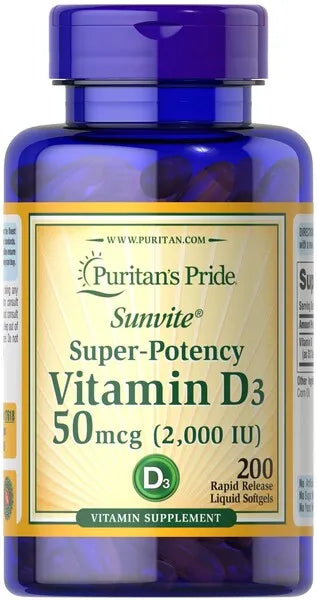 Super-Potency Vitamin D3 50mcg - 200 softgels - Puritan’s Pride - Papildai