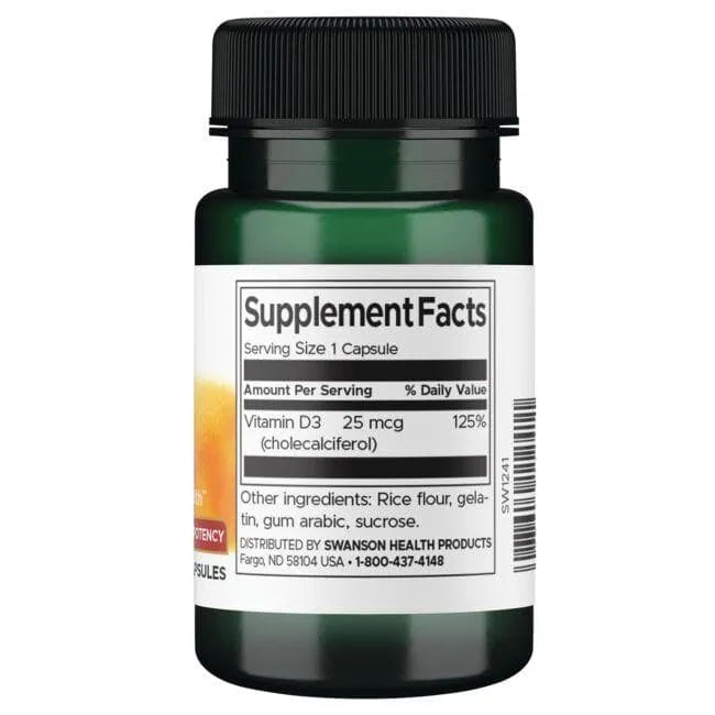 Vitamin D3 - Didelio stiprumo - 1000 IU - 25 mcg - N30 - Swanson - Papildai