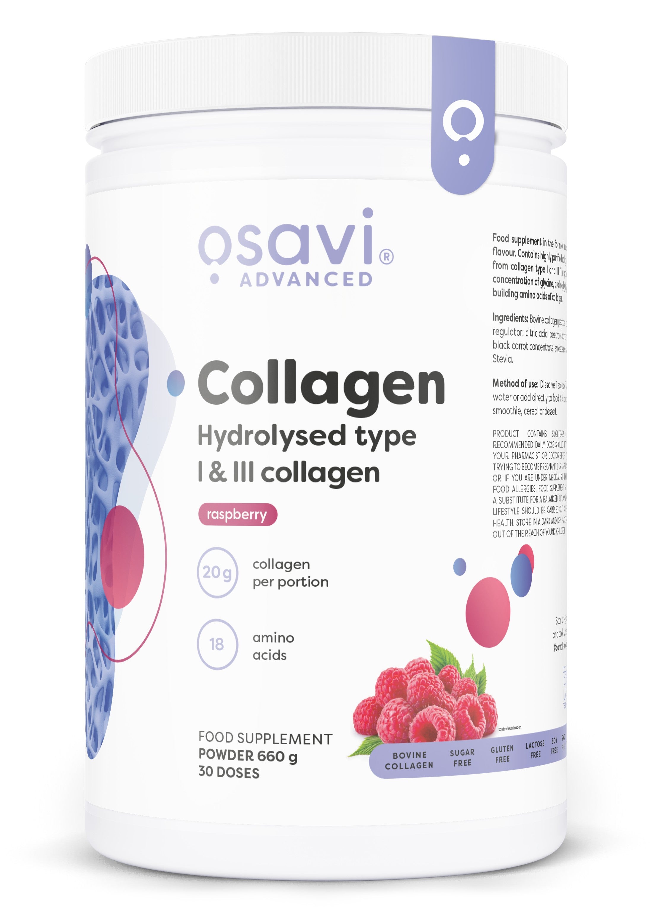 Collagen Hydrolysed Type I & III, Raspberry - 660g - Osavi