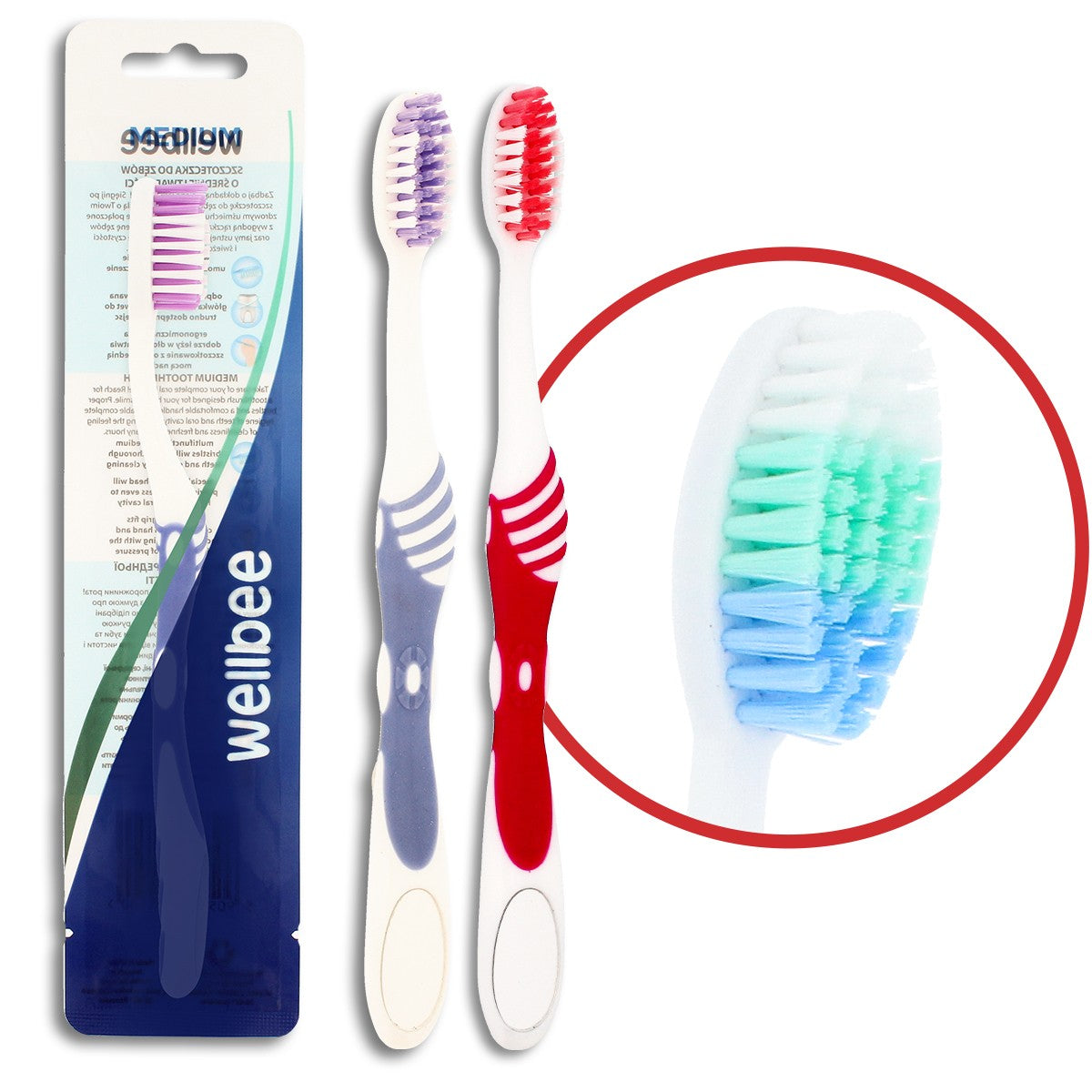 WELLBEE Adult toothbrush with medium hardness (foil 8) - mix of colors 1pc | Vaistine1.lt