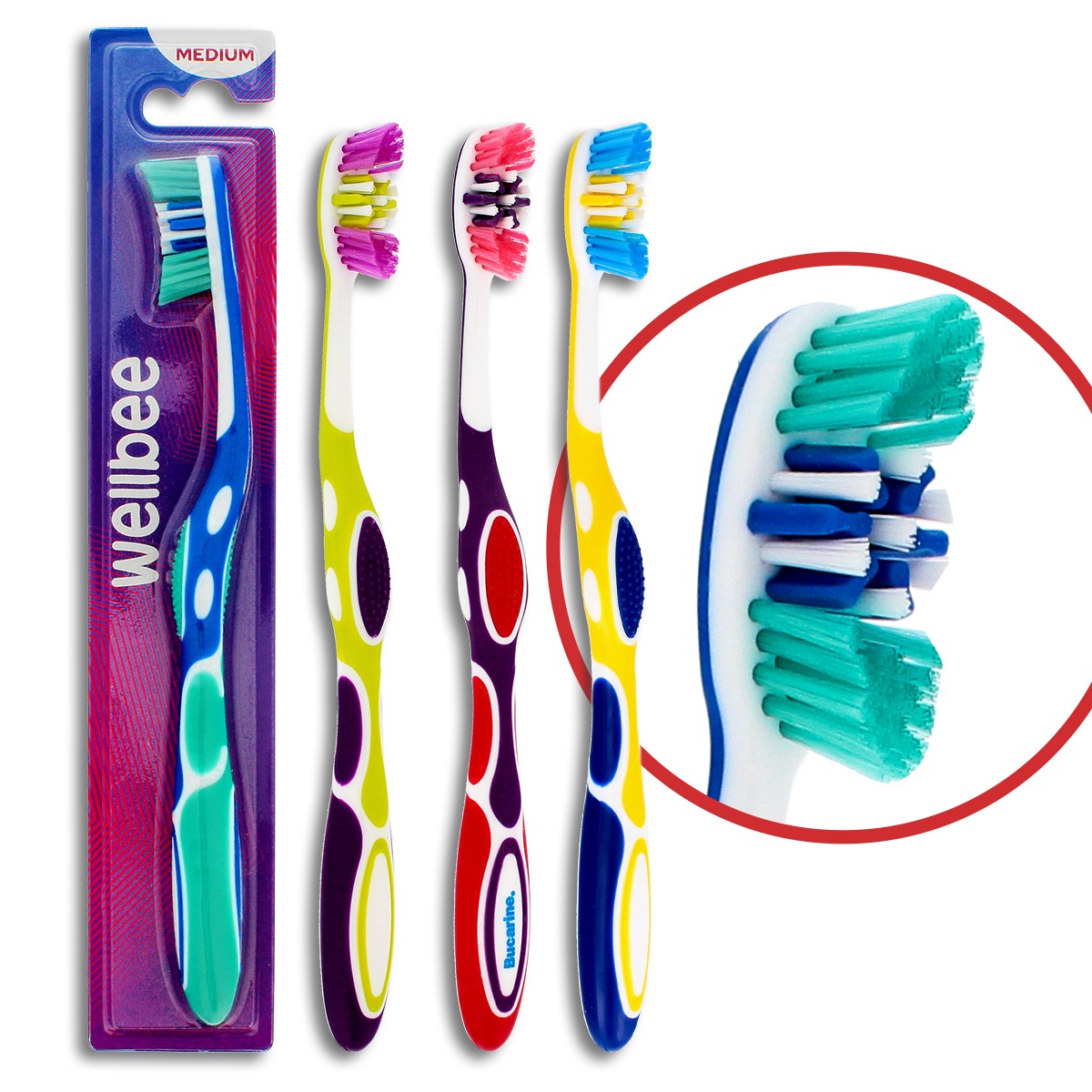 WELLBEE Adult toothbrush with medium hardness (blister 5) - mix of colors 1pc | Vaistine1.lt