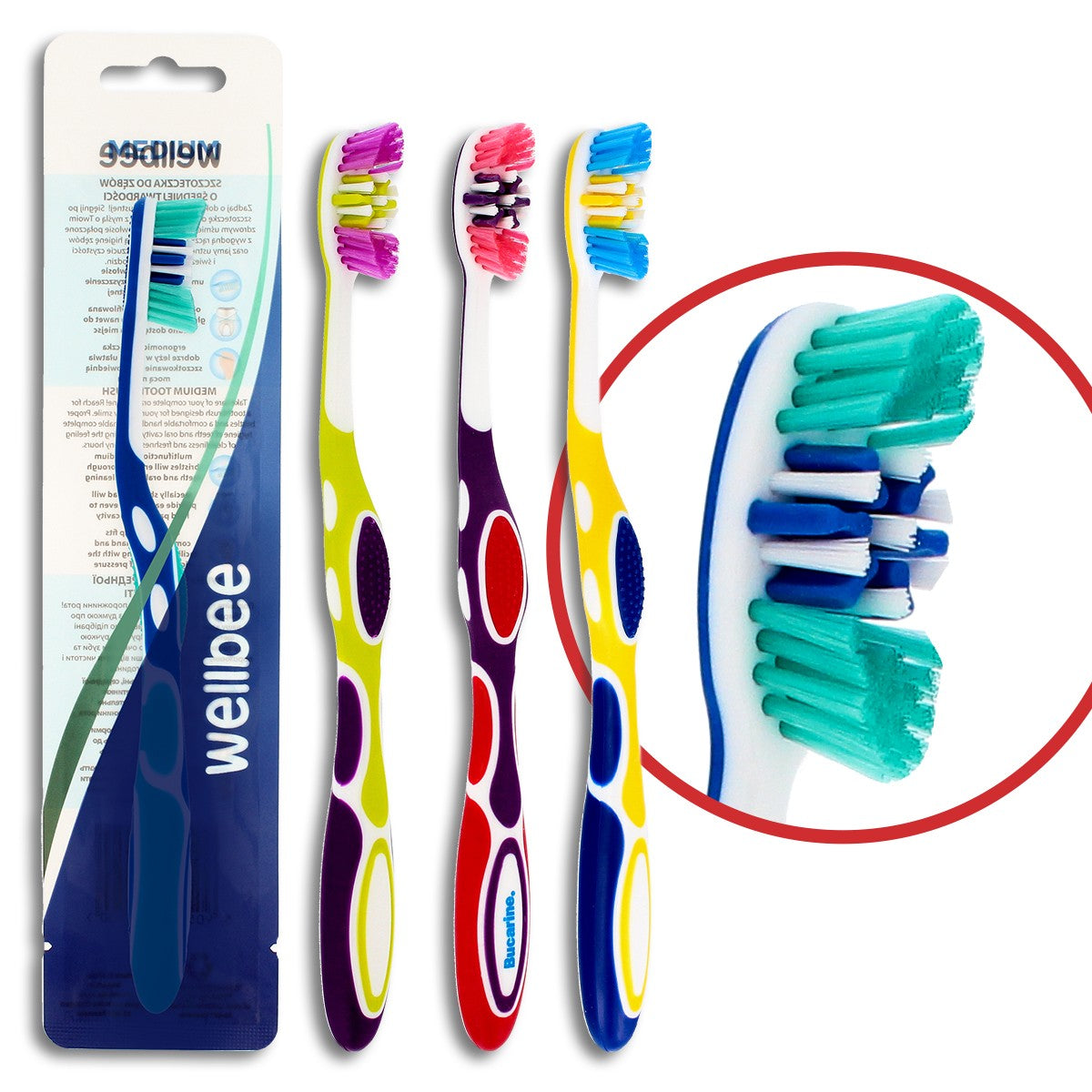 WELLBEE Adult toothbrush with medium hardness (foil 1) - mix of colors 1 piece | Vaistine1.lt