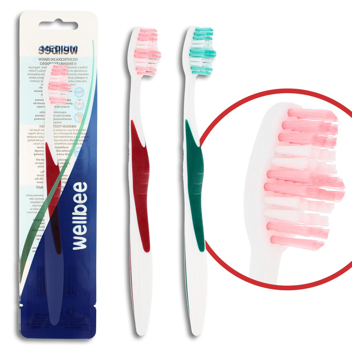 WELLBEE Adult toothbrush with medium hardness (foil 6) - mix of colors 1pc | Vaistine1.lt