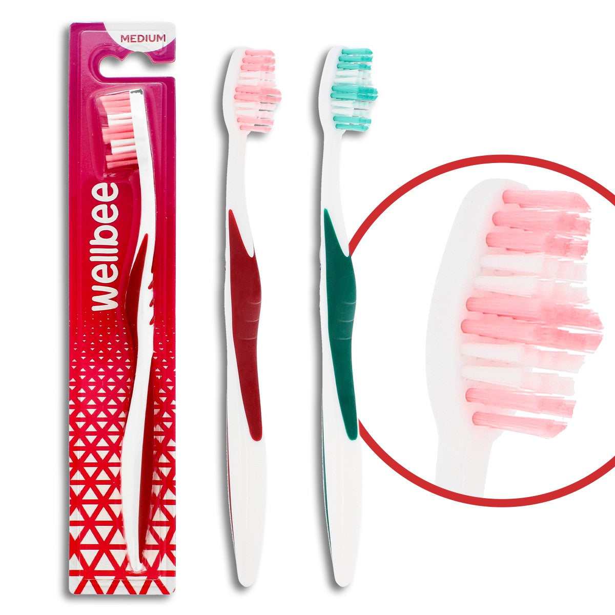 WELLBEE Adult toothbrush with medium hardness (blister 2) - mix of colors 1pc | Vaistine1.lt