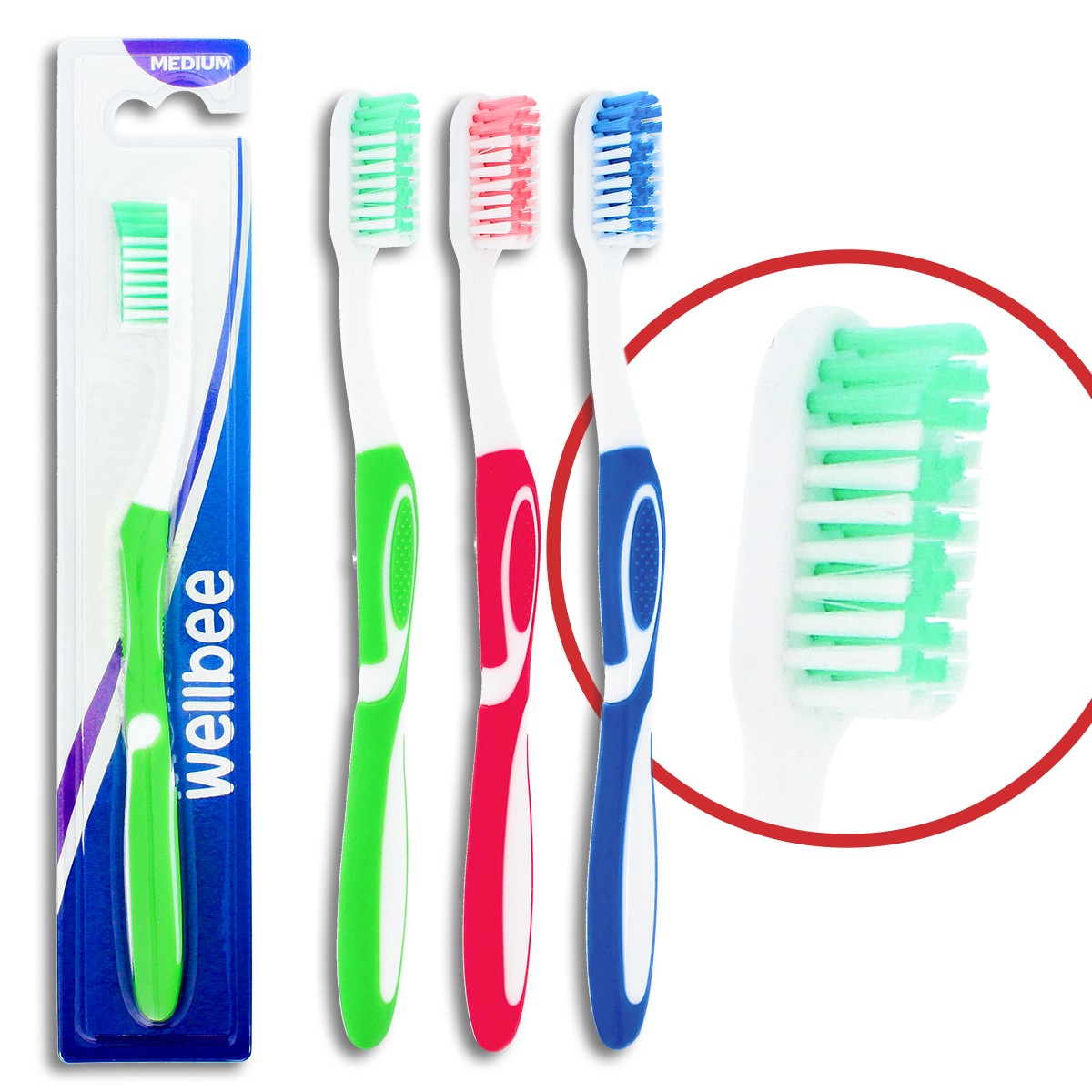 WELLBEE Adult toothbrush with medium hardness (blister 4) - mix of colors 1 piece | Vaistine1.lt