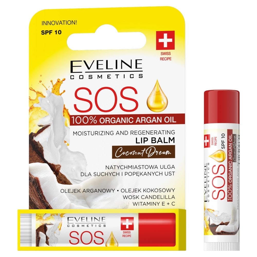 EVELINE SOS Lip Balm 100% Organic Argan Oil Moisturizing-Regenerating Lip Balm Coconut Dream 1 piece | Vaistine1.lt