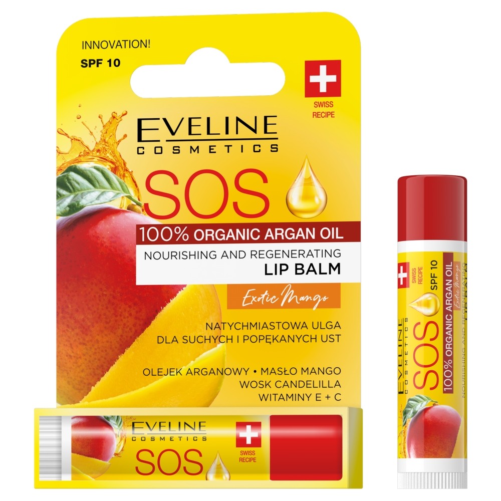 EVELINE SOS Lip Balm 100% Organic Argan Oil Nourishing-Regenerating Lip Balm Exotic Mango 1 piece | Vaistine1.lt