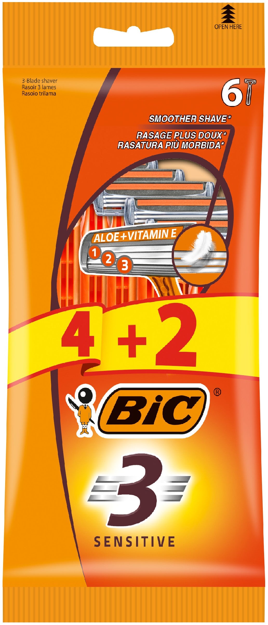 BIC Men's shaving razors 3-blade Sensitive 1 pack - 6 pieces (4+2 free) | Vaistine1.lt