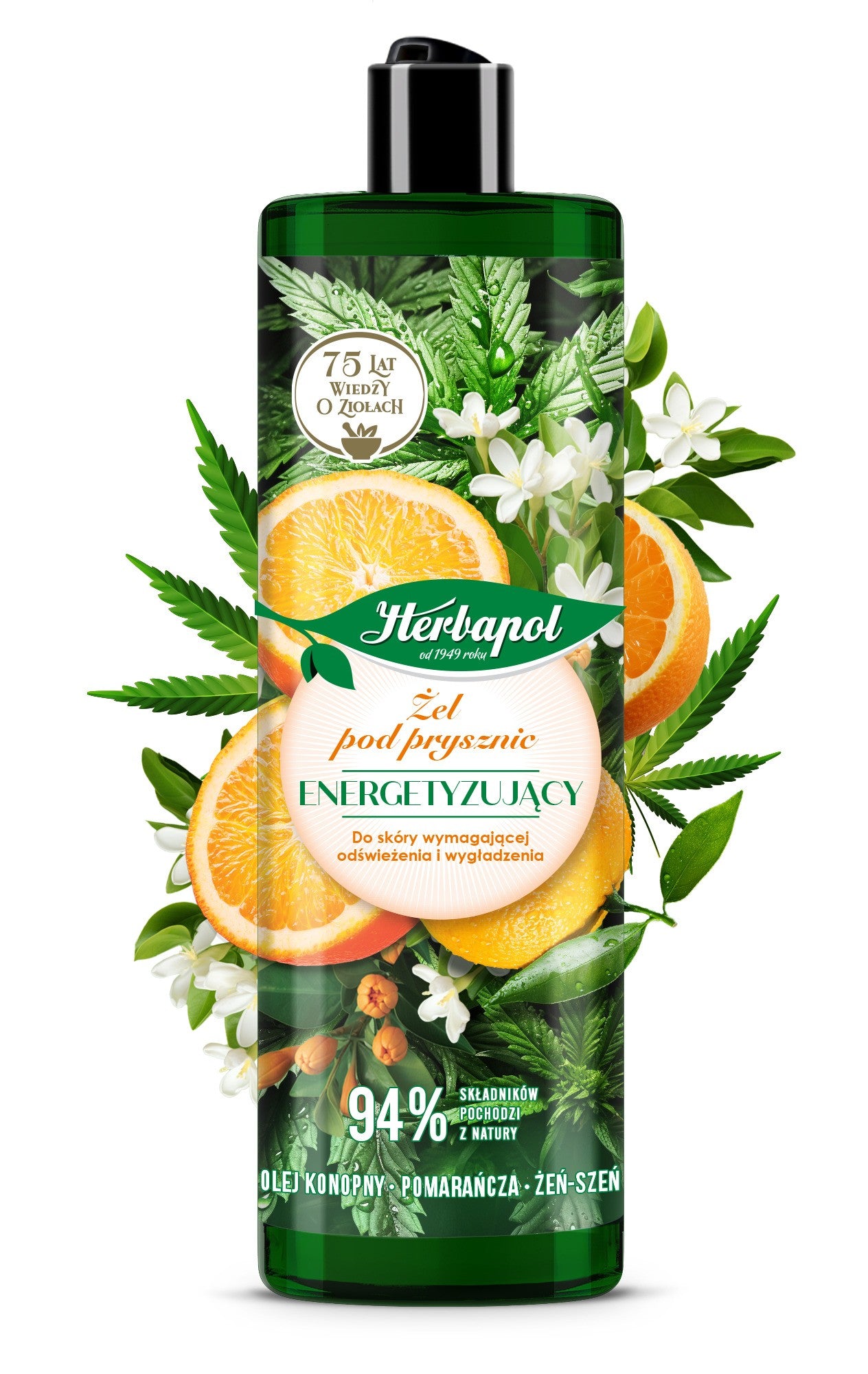 HERBAPOL Energizing Shower Gel Hemp Oil, Orange, Ginseng 400 ml | Vaistine1.lt