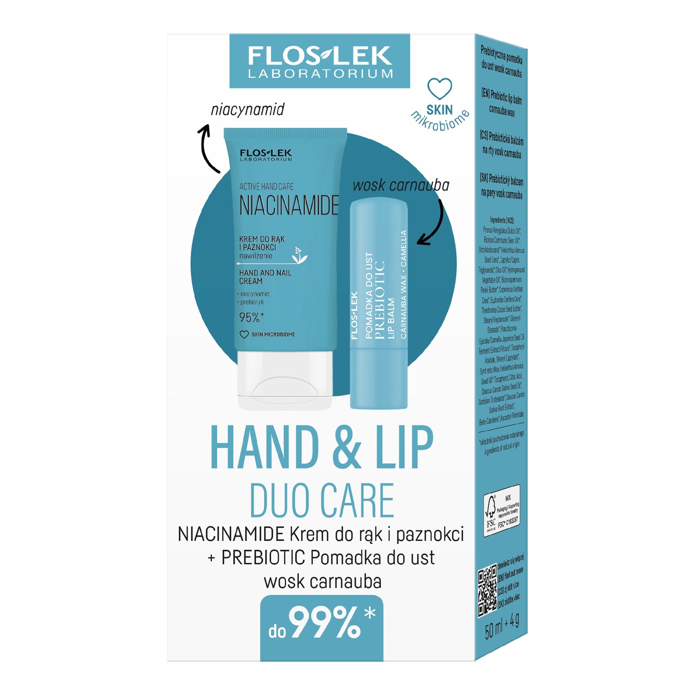 Hand & lip duo care niacinamide (active hand care niacinamide cream for hands and nails 50 ml + prebiotic prebiotic lip balm carnauba wax 4 g) | Vaistine1.lt