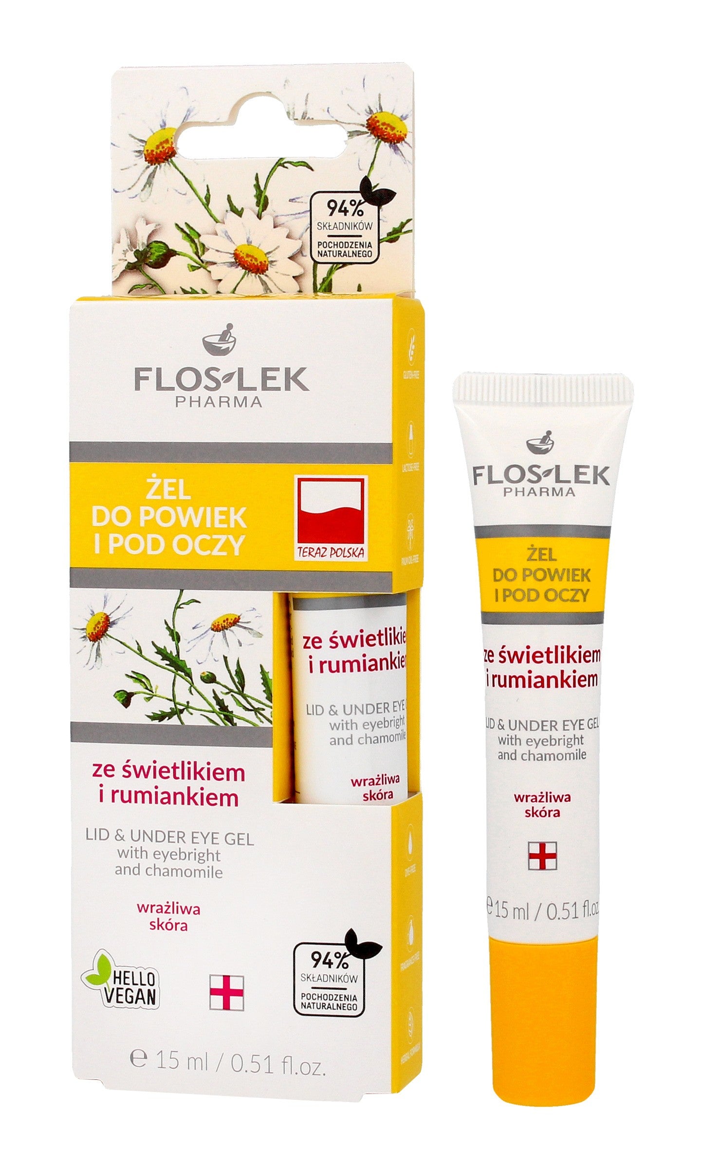 Floslek Pharma Gel with eyebright and chamomile for eyelids and under the eyes in a 15ml tube | Vaistine1.lt