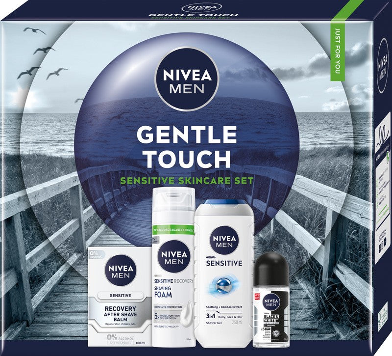NIVEA Gentle Touch Men's Gift Set (Shower Gel 250ml + Roll-on Antiperspirant 50ml + After Shave Balm 100ml + Shaving Foam 200ml) | Vaistine1.lt | WestPharmacy.eu