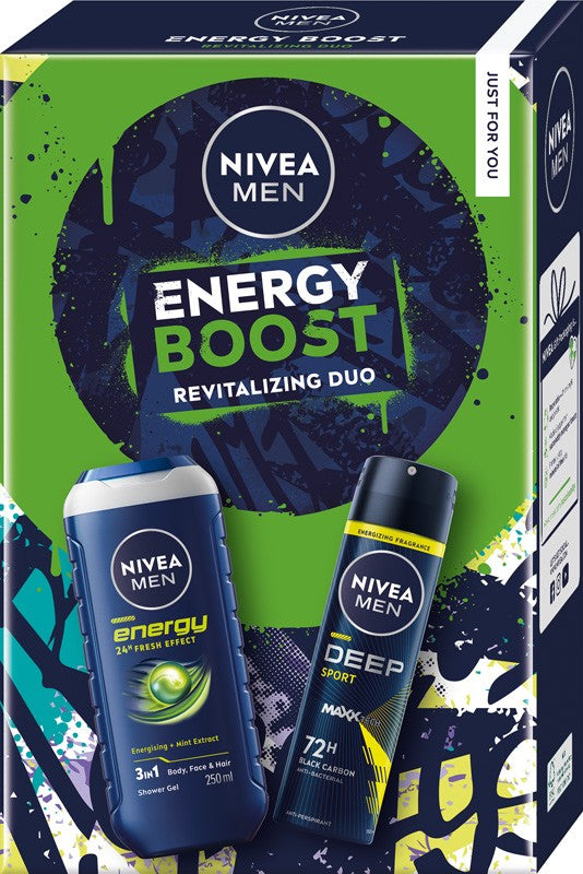NIVEA Men's Energy Boost Gift Set (150 ml Antiperspirant Spray + 250 ml Shower Gel) | Vaistine1.lt | WestPharmacy.eu