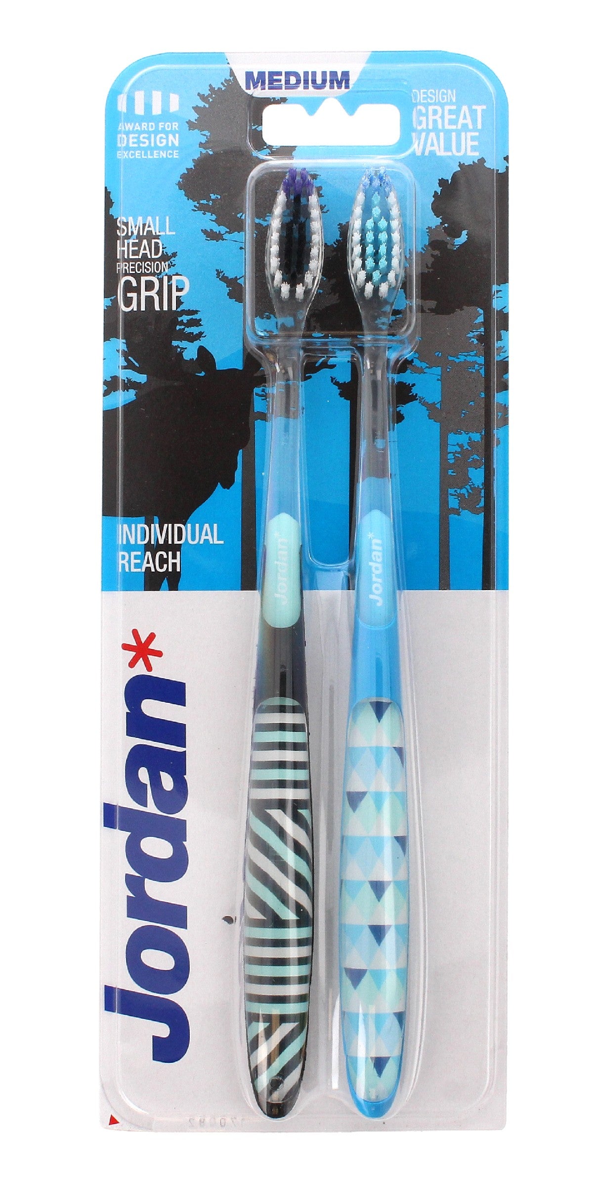 Jordan DUO Individual Reach Medium Toothbrush - mix of colors 1 pack-2 pieces | Vaistine1.lt