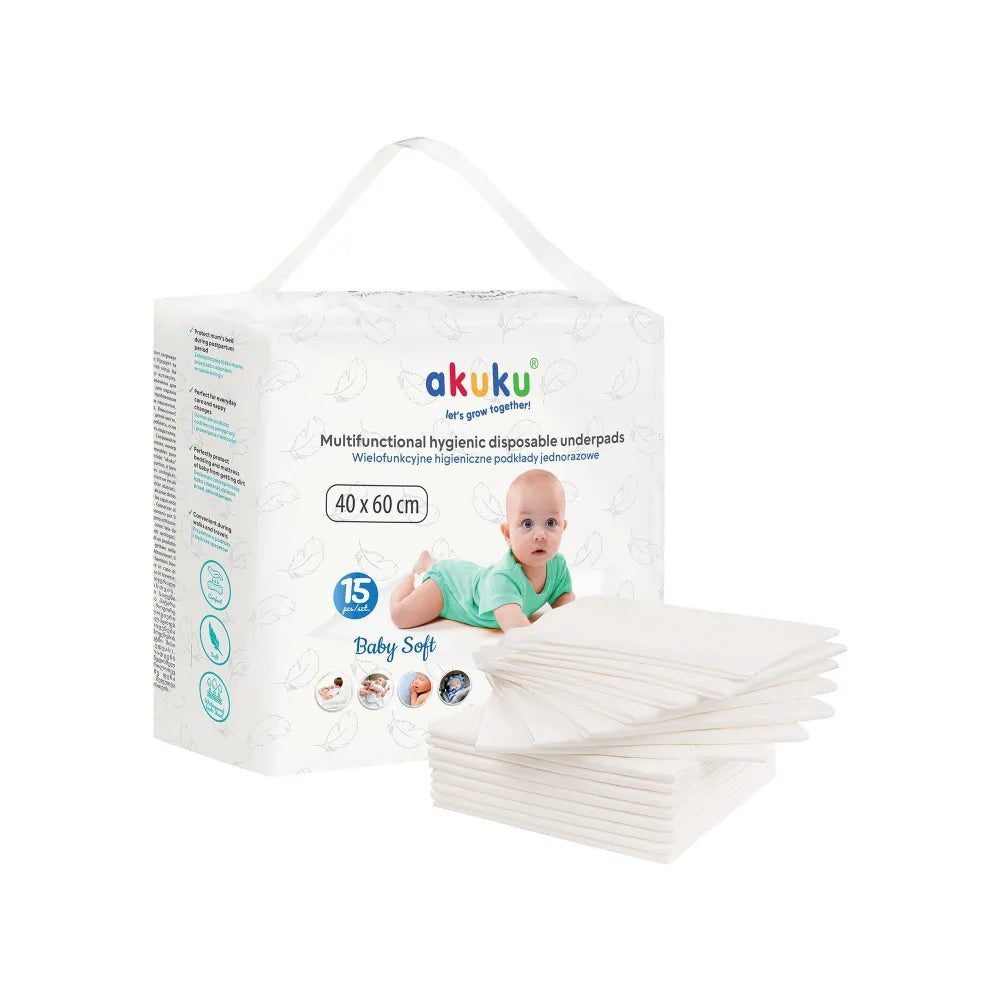 AKUKU Baby Minkšti vienkartiniai keitimo kilimėliai 40x60 cm - 1 pakuotė. - 15 vnt. - Vaikui ir mamai