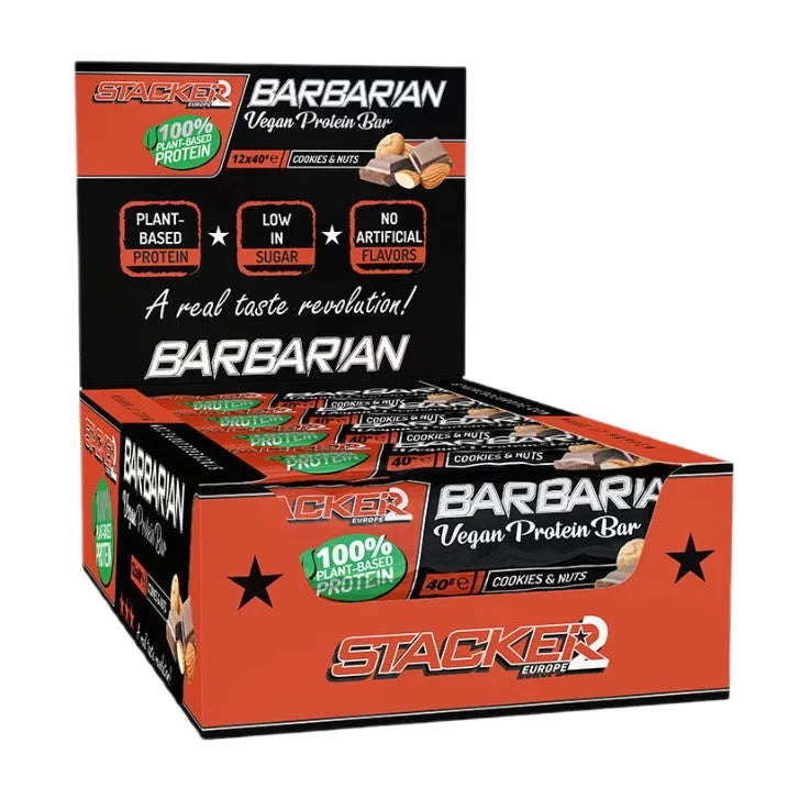 Barbarian Vegan Protein Bar Cookies & Nuts - 12 x 40g - Stacker2 Europe - Sporto papildai
