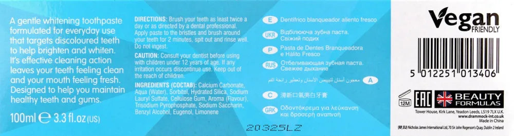 Beauty Formulas Whitening Toothpaste Freshbreath 100ml + dantų šepetėlis - Kosmetika