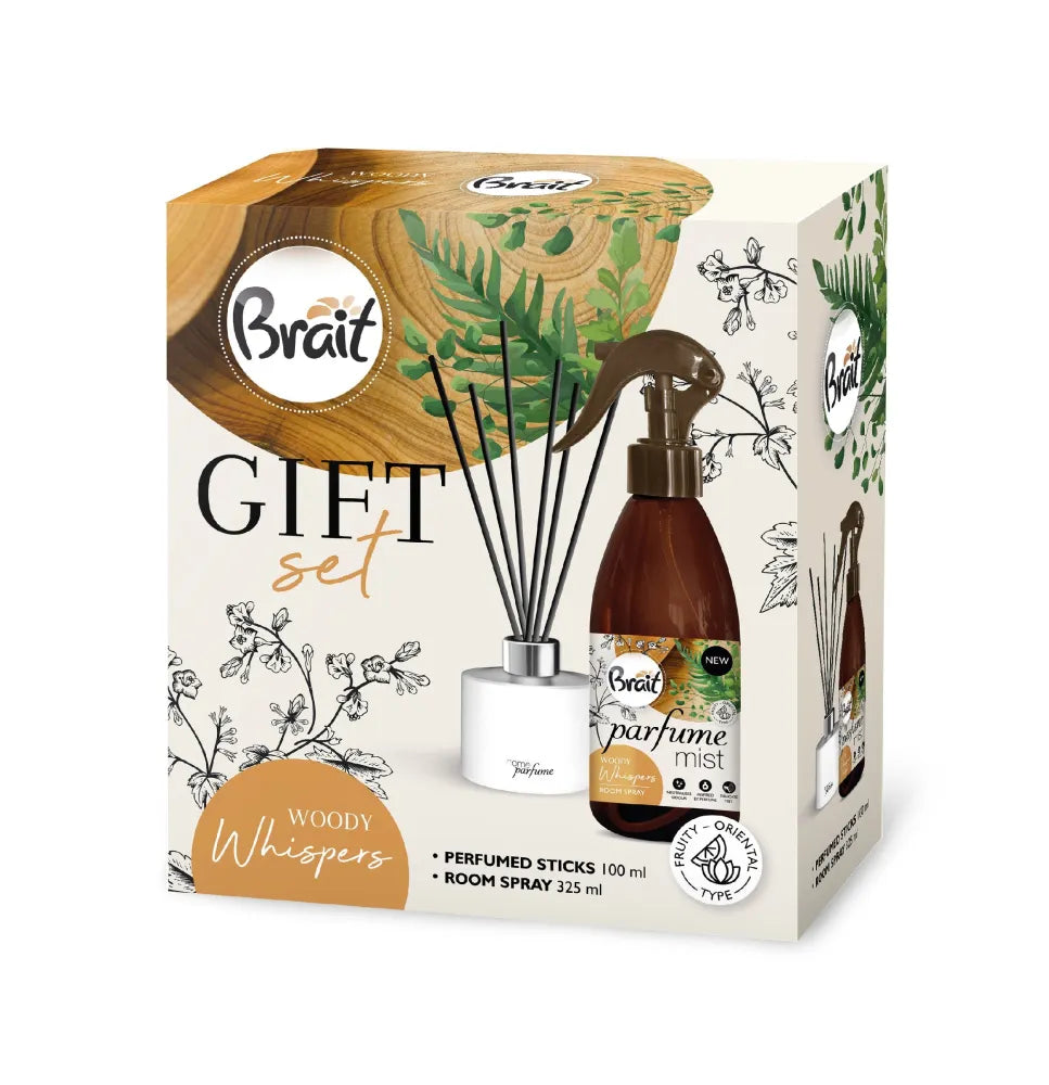 BRAIT Woody Whispers Gift Set (scented sticks 100ml + perfumed room mist 325ml) - Kosmetika