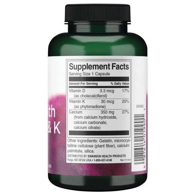 Calcium with Vitamins D & K - Kaulams - N100 - Kalcis su vitaminais ir - Swanson - Papildai