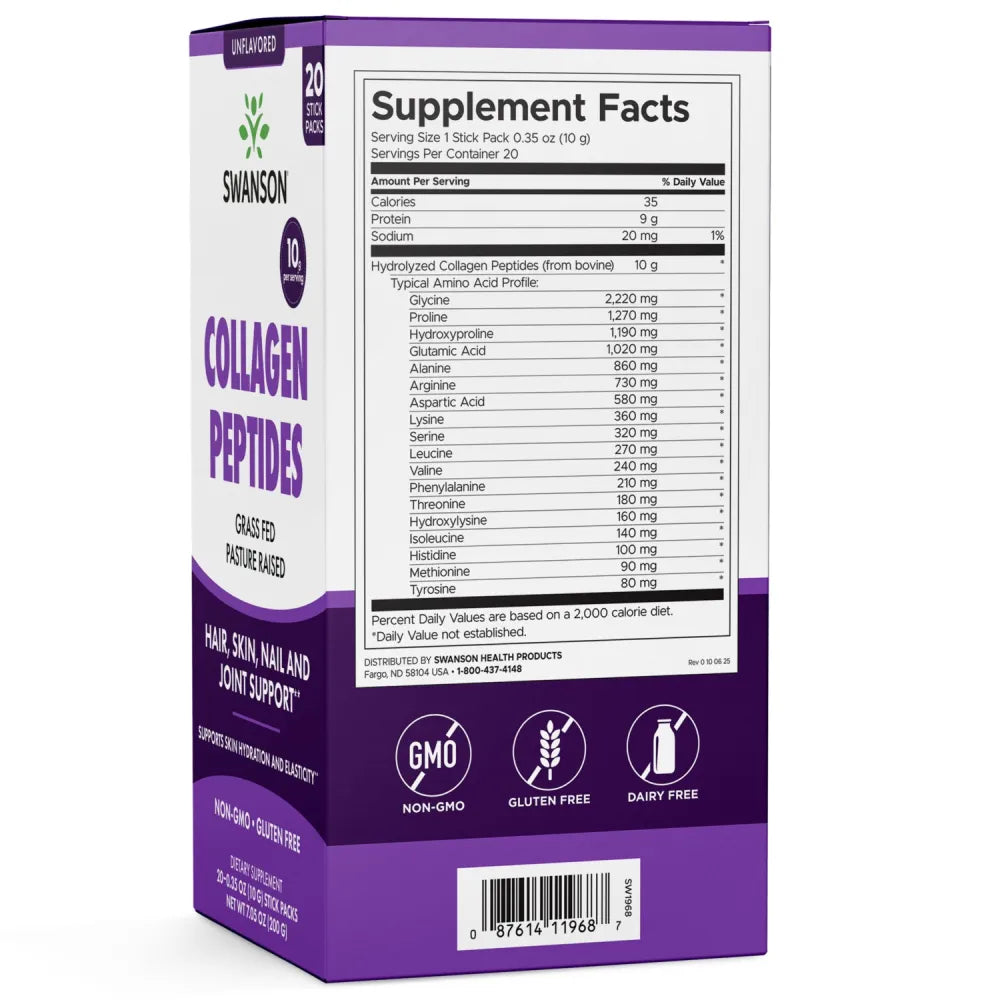 Collagen Peptides 20 Stick Packs - Unflavored - Swanson - Papildai