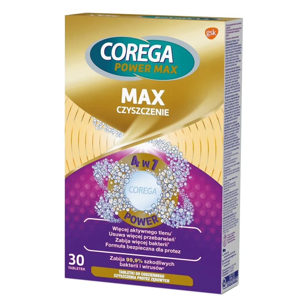 COREGA Power Max Tabletės kasdieniam dantų protezų valymui Valymas 4in1 1pak.-30vnt. - Kosmetika
