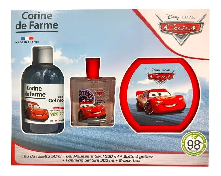 CORINE DE FARME Disney Cars dovanų rinkinys (tualetinis vanduo 50ml + 3in1 putojantis gelis 300ml + užkandžių dėžutė)