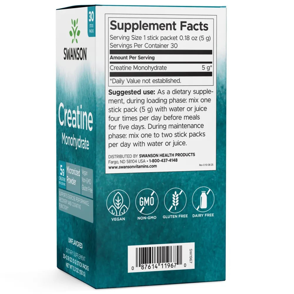 Creatine Monohydrate 30 Stick Packs - Unflavored - Swanson - Papildai