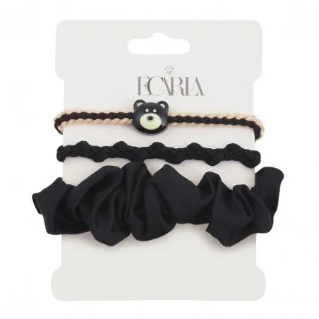 ECARLA Hair elastics - MIS plaited satin badge set 3-in-1 Black GUM173CZ - Kosmetika